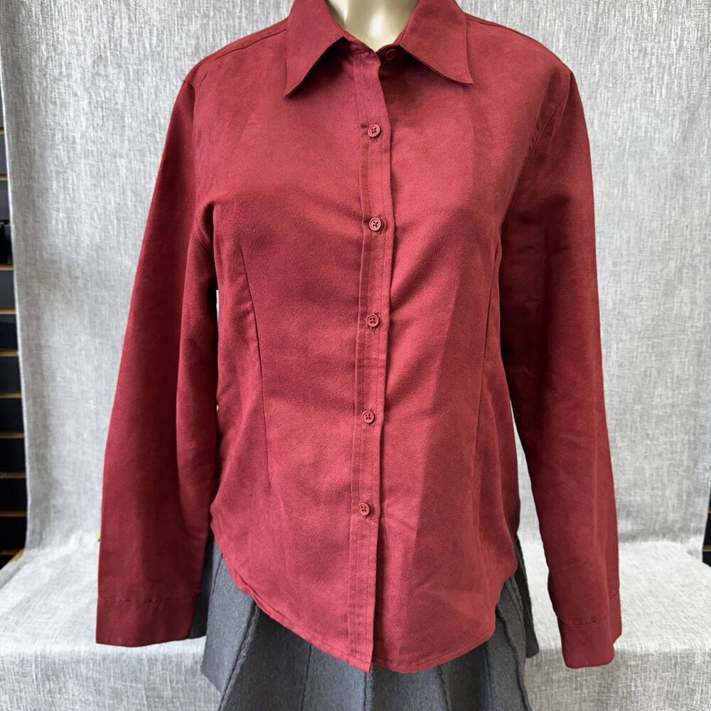 Kim Rogers Button Up Shirt Womens Large Red Faux Suede Long Sleeve Collared